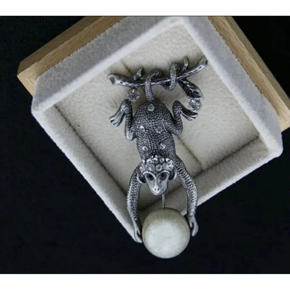 Monkey Brooch Pin Hanging Upside Down Holding Imitation Pearl Jewelry
